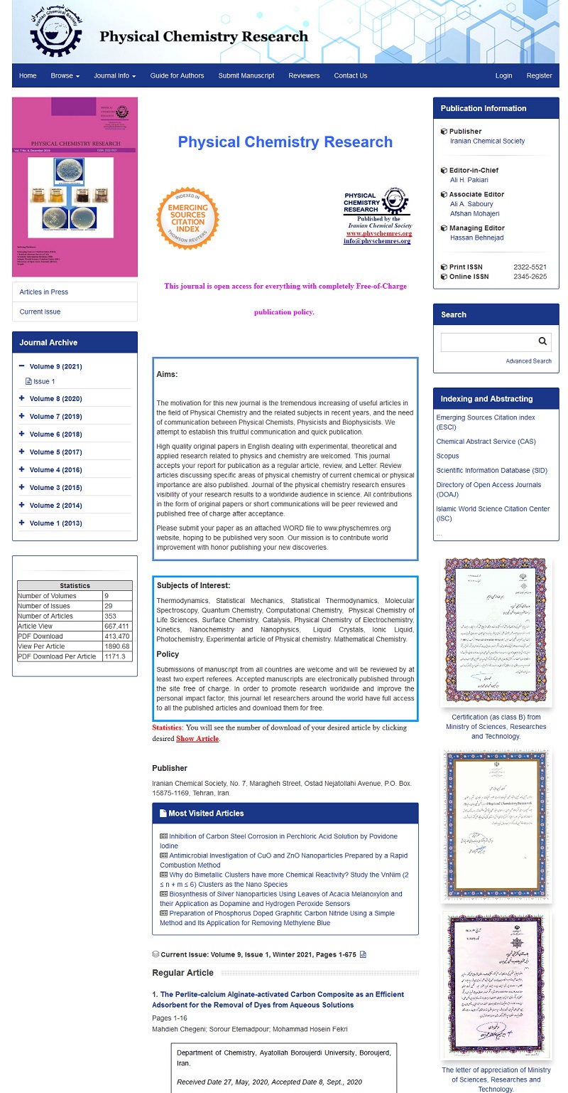 200 مقاله دارای بیشترین ارجاع در مجله شیمی فیزیک انجمن شیمی
