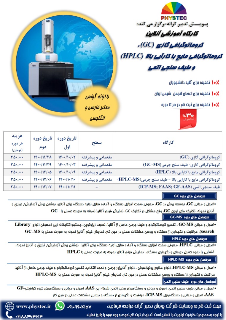 برگزاری کارگاه آموزشی آنلاین کروماتوگرافی گازی GC و مایع با کارایی بالا HPLC